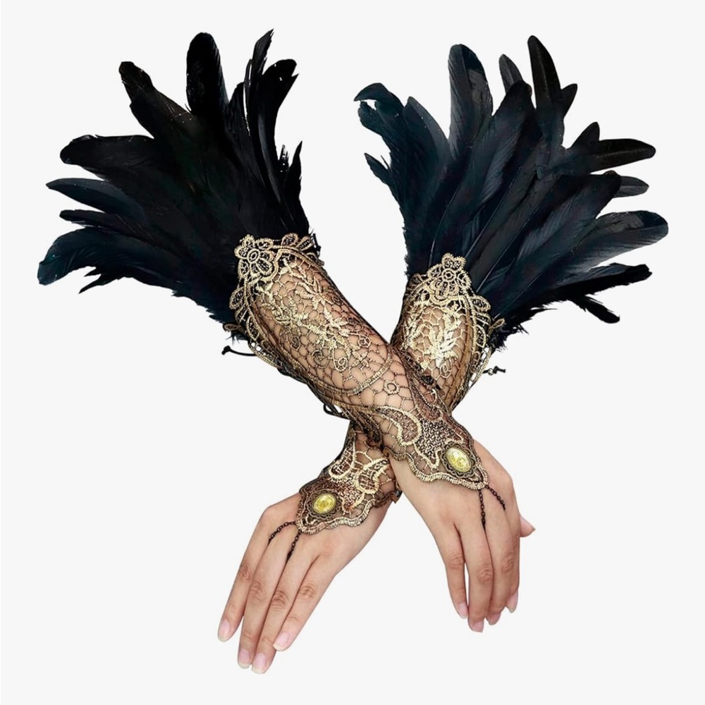 Elegant Black and Gold Feathered Arm Cuffs
